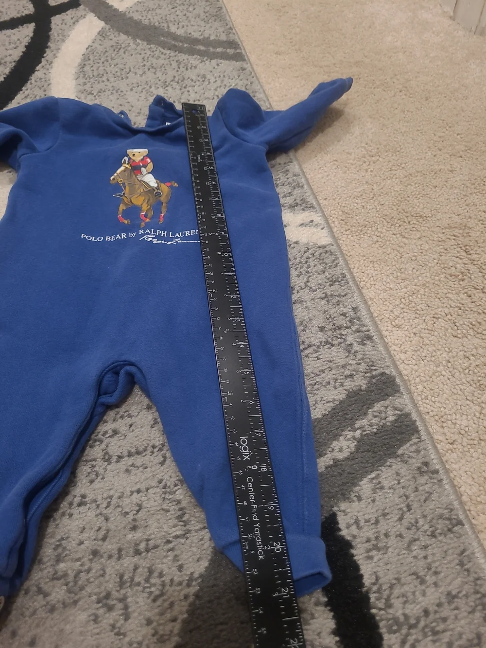 Ralph Lauren 9 Months Blue Polo Bear Sweatshirt Romper One Piece Outfit Jumpsuit